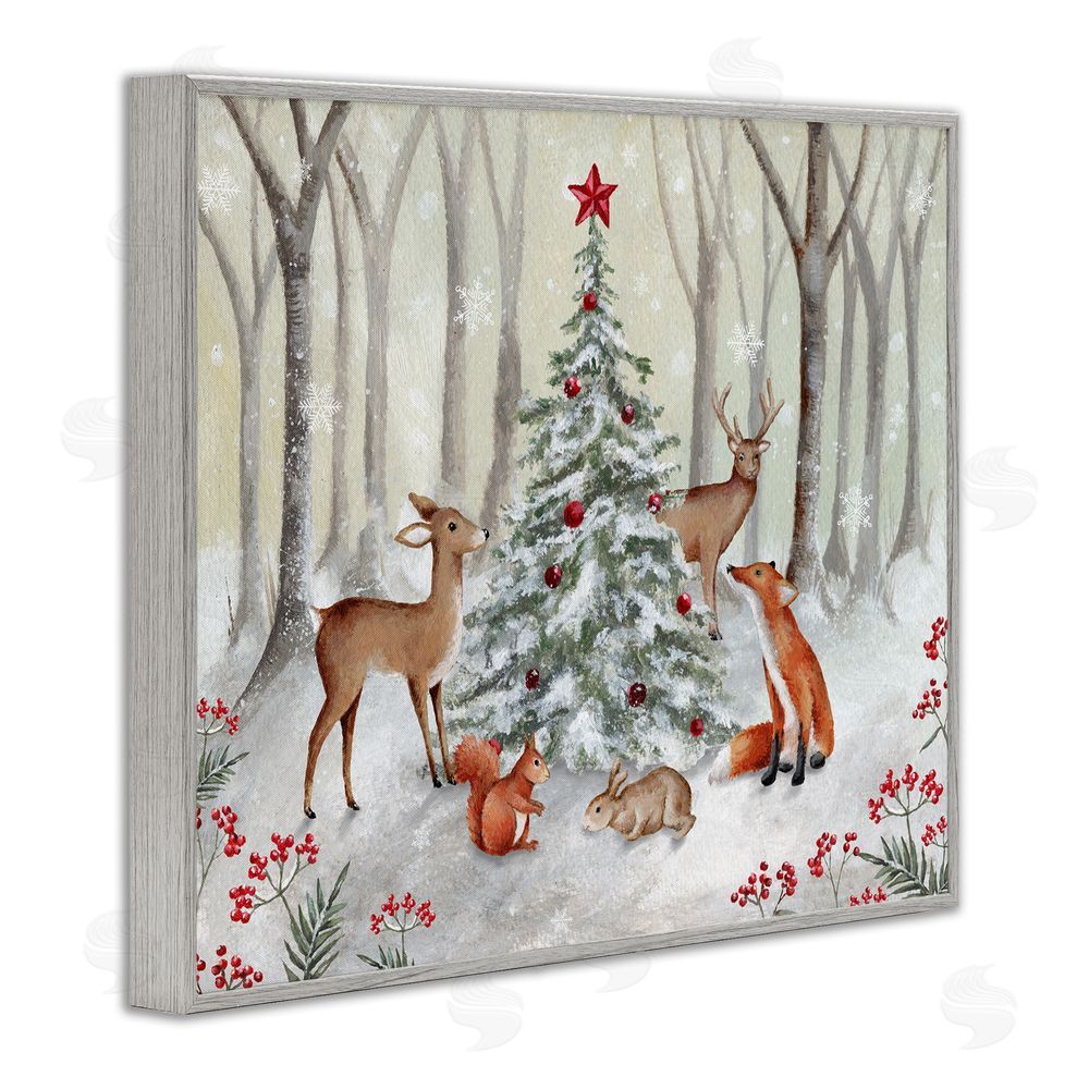 Emma Leach Forest Animals & Christmas Tree Gray Framed Giclee Wall Art Print