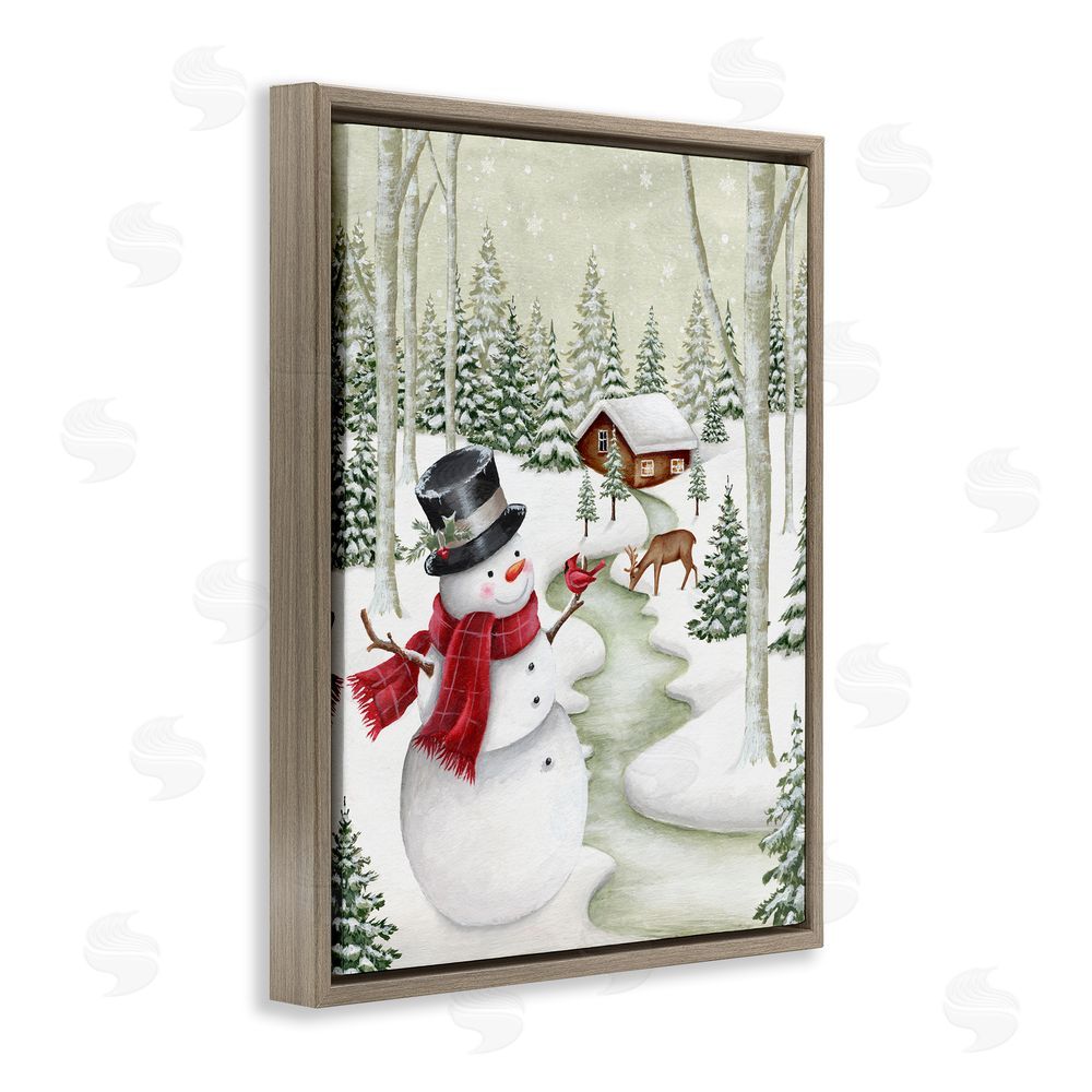 Emma Leach Snowman on Snowy Path Brown Floating Frame Canvas Wall Art Print