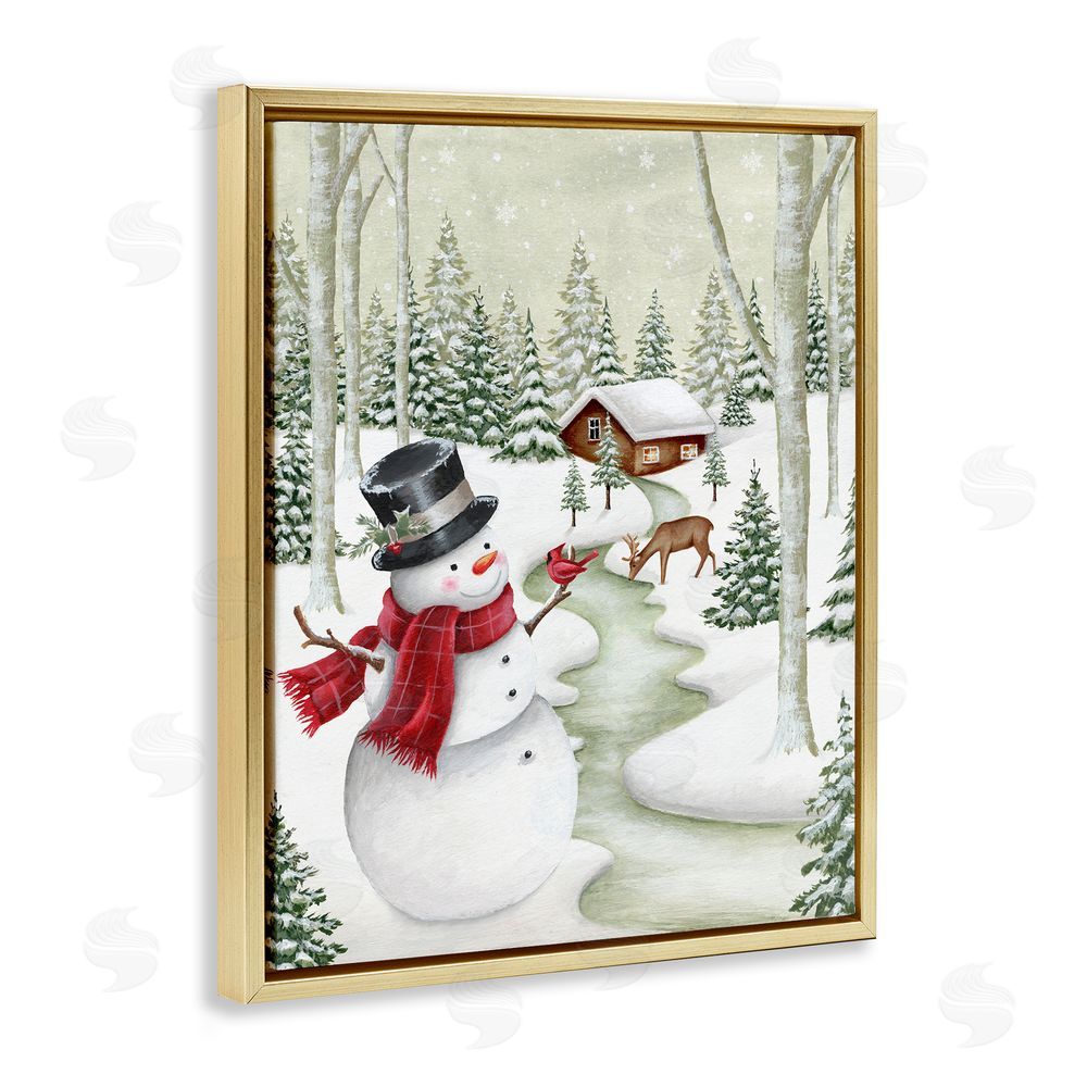 Emma Leach Snowman on Snowy Path Gold Floating Frame Canvas Wall Art Print