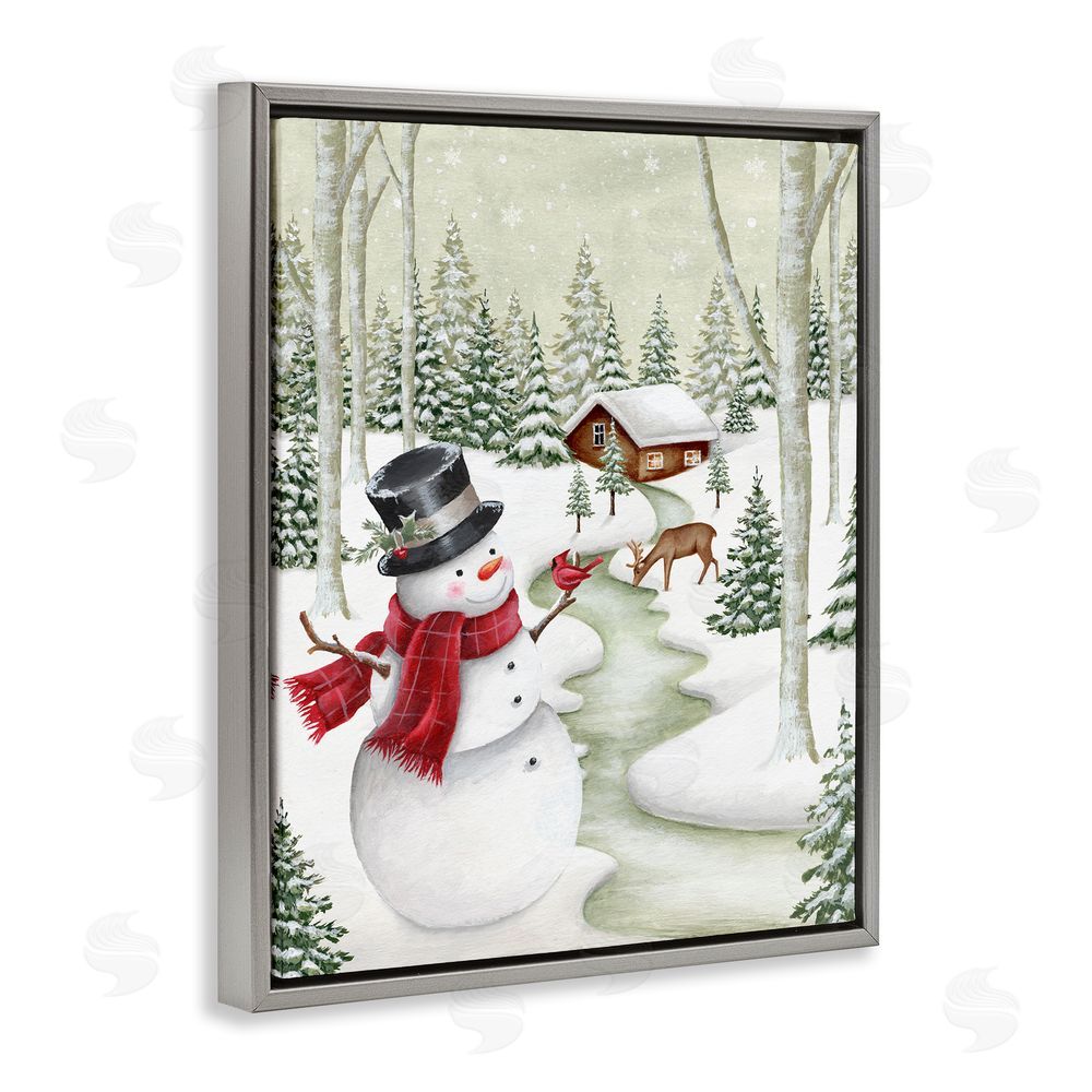 Emma Leach Snowman on Snowy Path Grey Floating Frame Canvas Wall Art Print