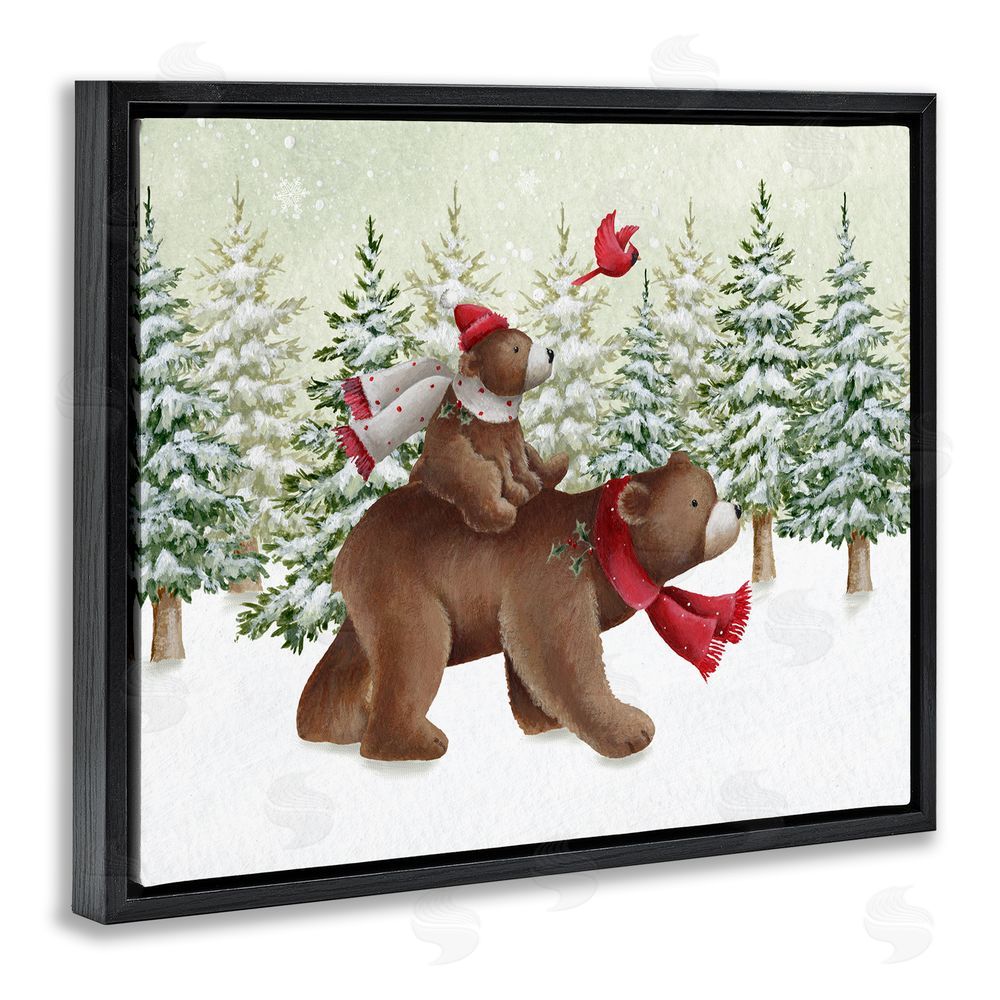 Emma Leach Bears in Snowy Scene Black Floating Frame Canvas Wall Art Print