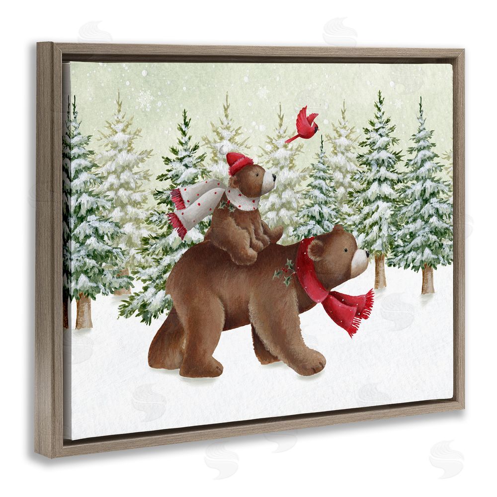 Emma Leach Bears in Snowy Scene Brown Floating Frame Canvas Wall Art Print