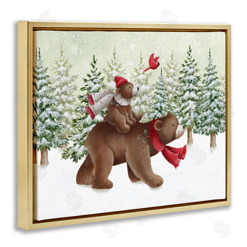 Emma Leach Bears in Snowy Scene Gold Floating Frame Canvas Wall Art Print