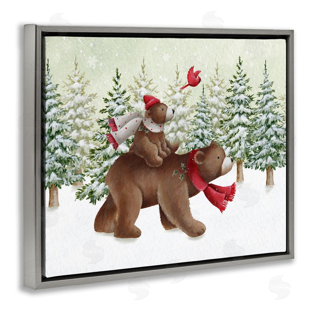 Emma Leach Bears in Snowy Scene Grey Floating Frame Canvas Wall Art Print
