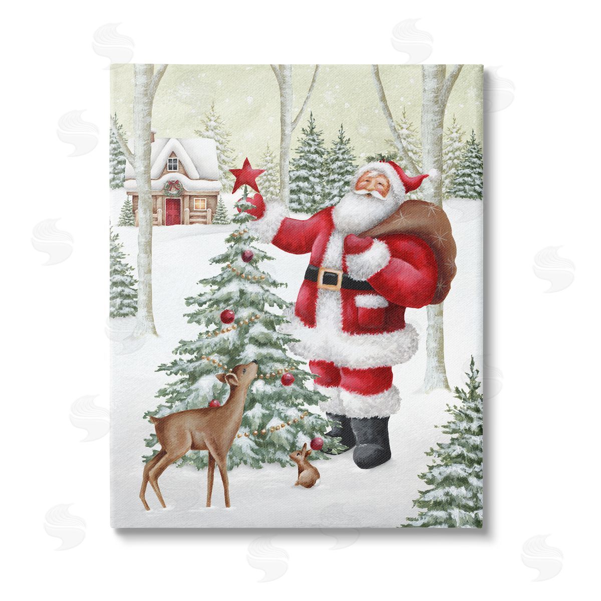Emma Leach Santa & Snowy Cabin Stretched Canvas Wall Art Print