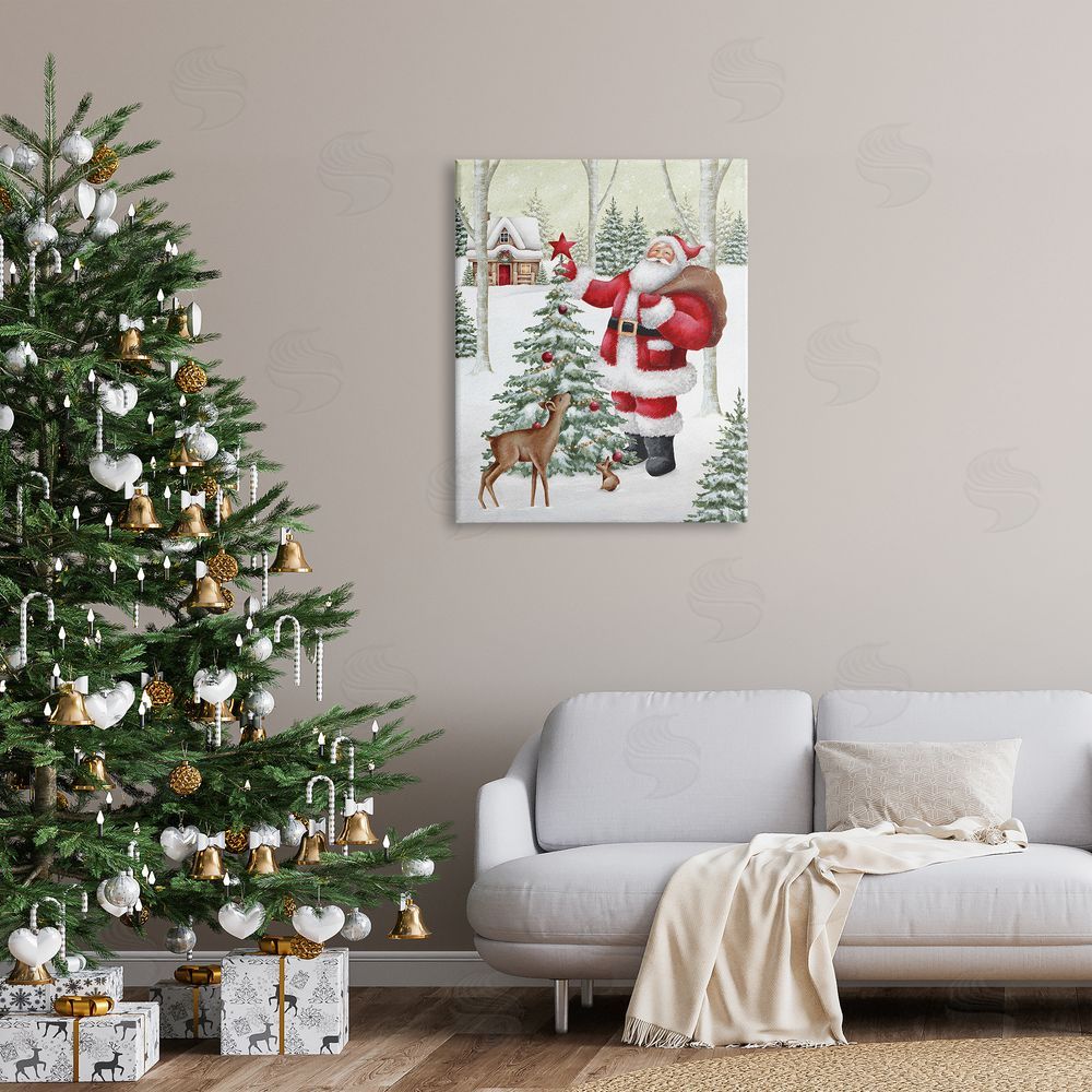 Emma Leach Santa & Snowy Cabin Canvas Wall Art Print in Room
