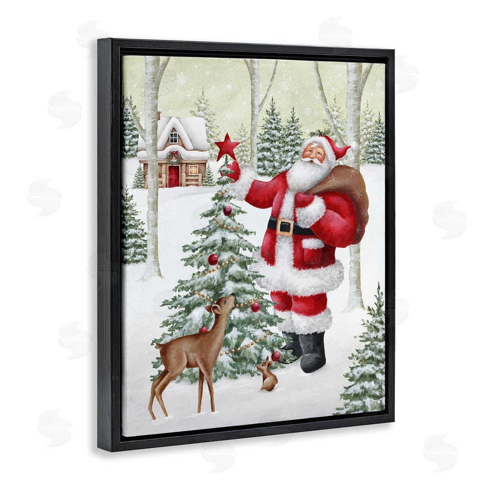 Emma Leach Santa & Snowy Cabin Black Floating Frame Canvas Wall Art Print