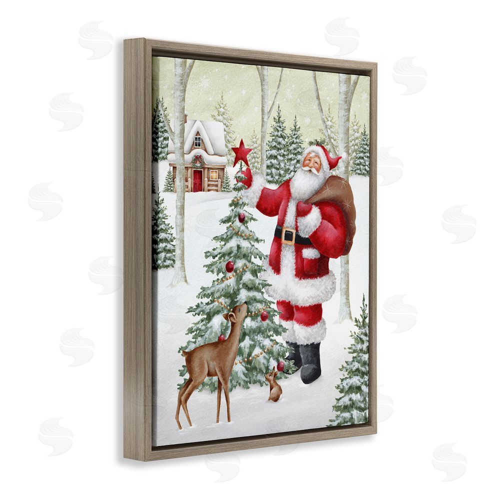 Emma Leach Santa & Snowy Cabin Brown Floating Frame Canvas Wall Art Print