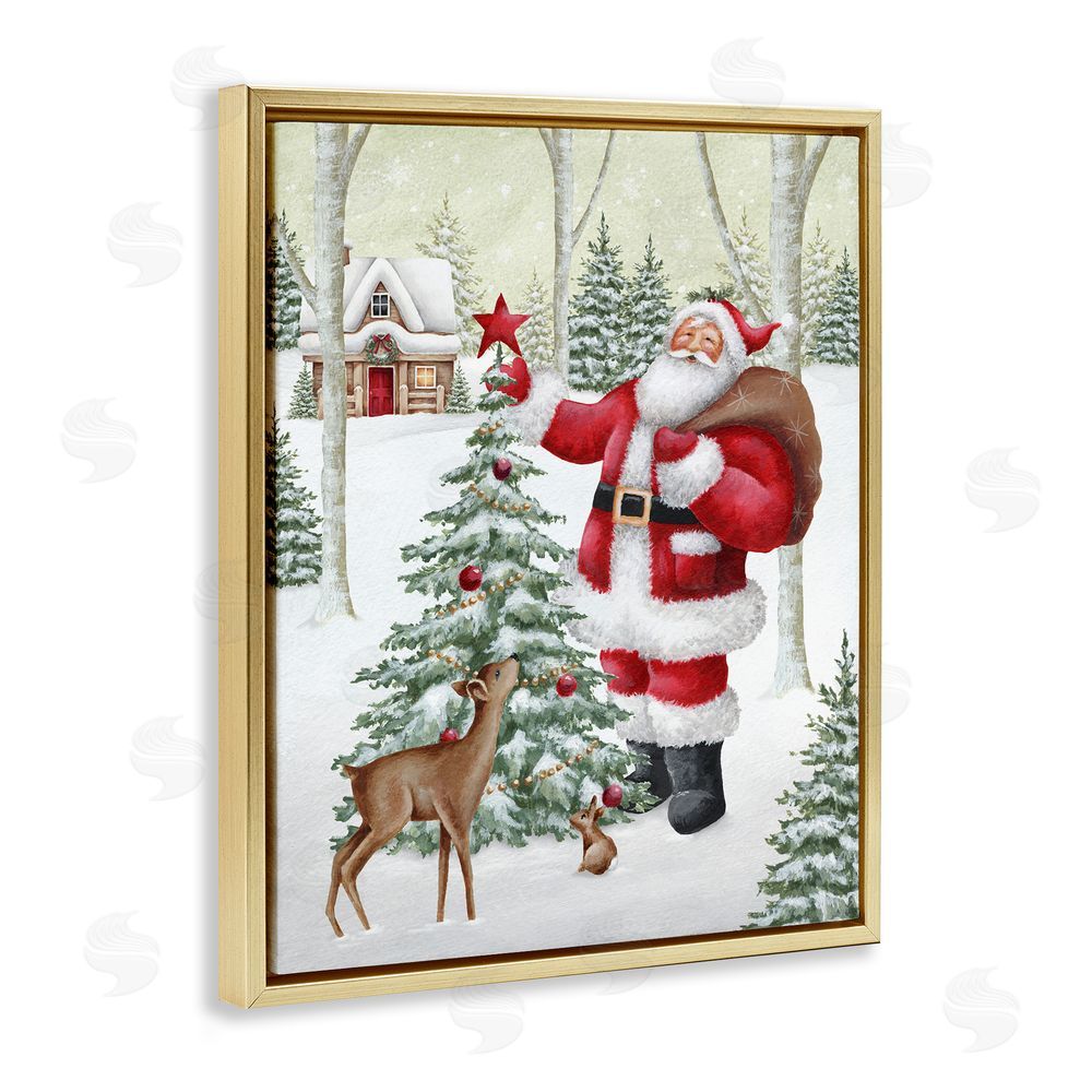 Emma Leach Santa & Snowy Cabin Gold Floating Frame Canvas Wall Art Print