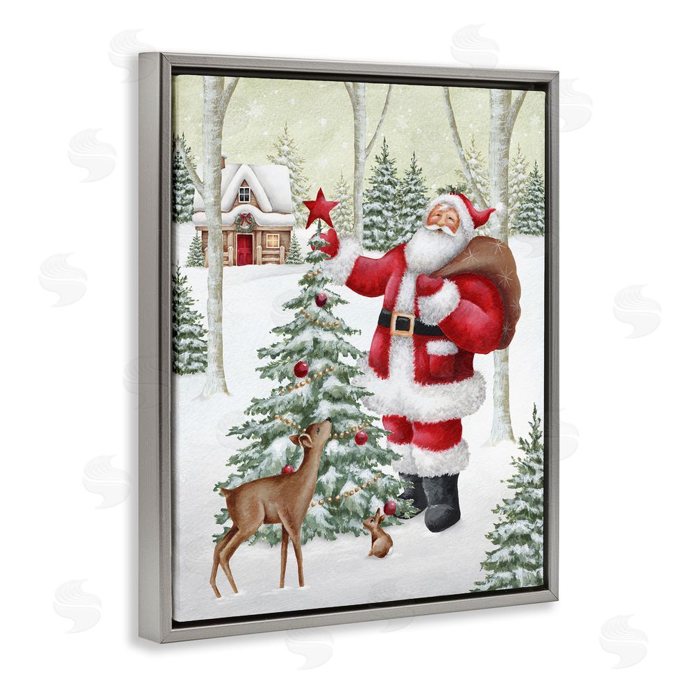 Emma Leach Santa & Snowy Cabin Grey Floating Frame Canvas Wall Art Print