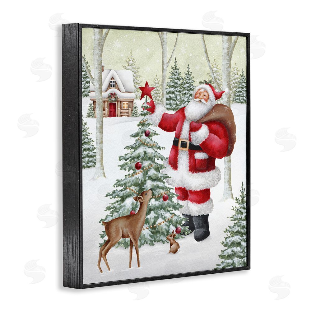 Emma Leach Santa & Snowy Cabin Black Framed Giclee Wall Art Print
