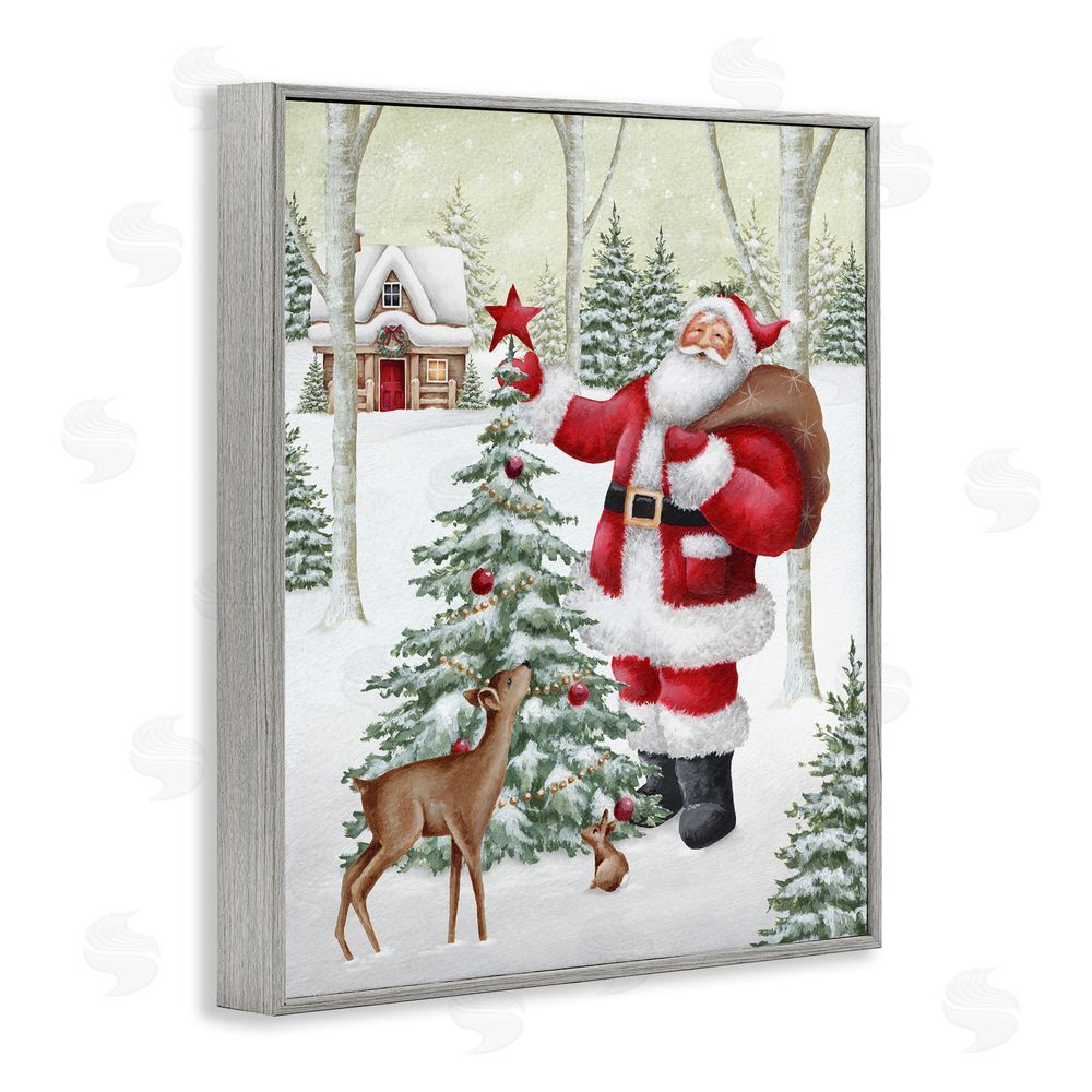 Emma Leach Santa & Snowy Cabin Gray Framed Giclee Wall Art Print
