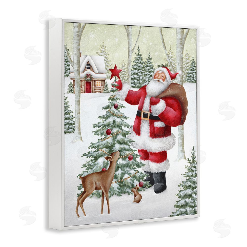 Emma Leach Santa & Snowy Cabin White Framed Giclee Wall Art Print