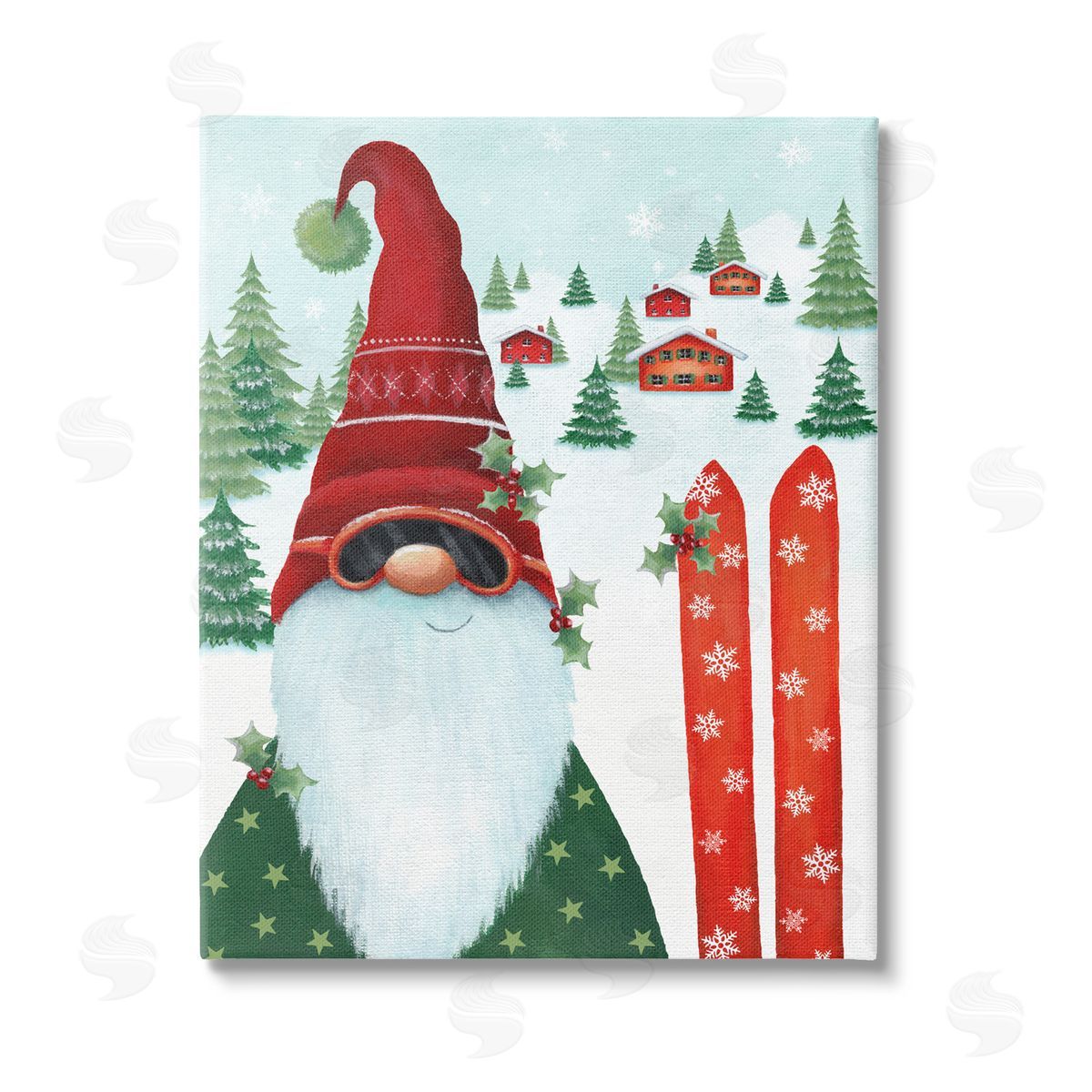 Emma Leach Gnome Skiing Winter Slopes Stretched Canvas Wall Art Print