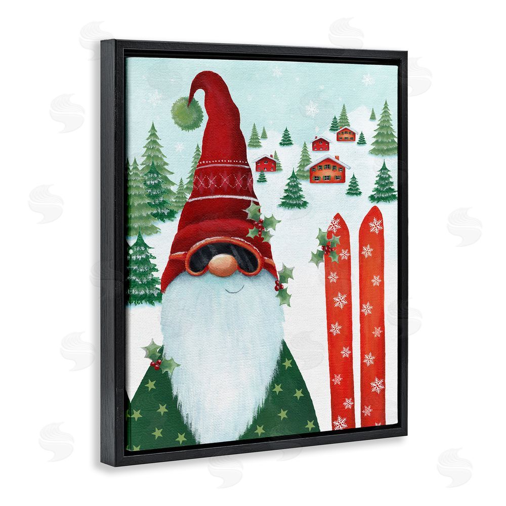 Emma Leach Gnome Skiing Winter Slopes Black Floating Frame Canvas Wall Art Print