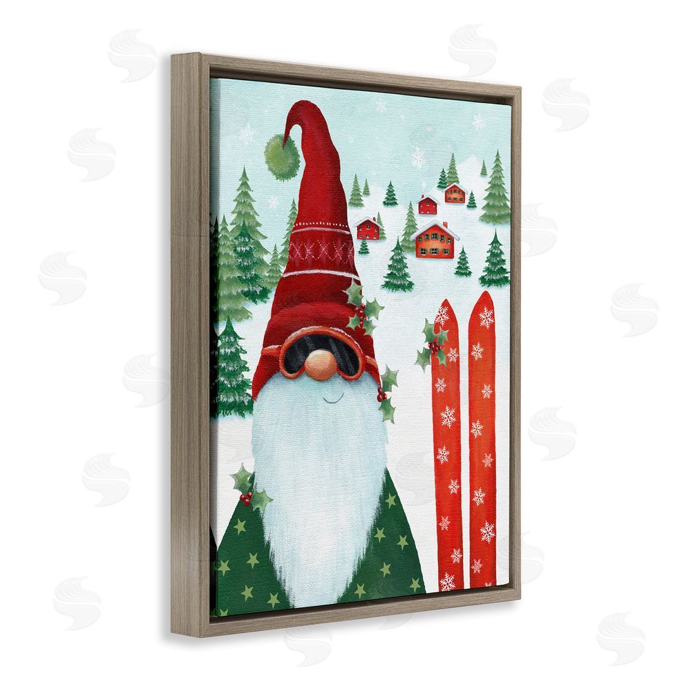 Emma Leach Gnome Skiing Winter Slopes Brown Floating Frame Canvas Wall Art Print