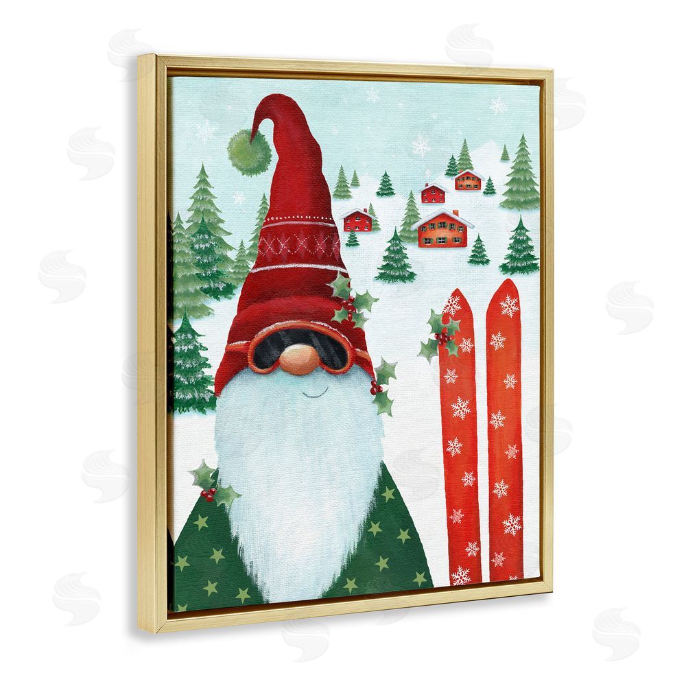 Emma Leach Gnome Skiing Winter Slopes Gold Floating Frame Canvas Wall Art Print