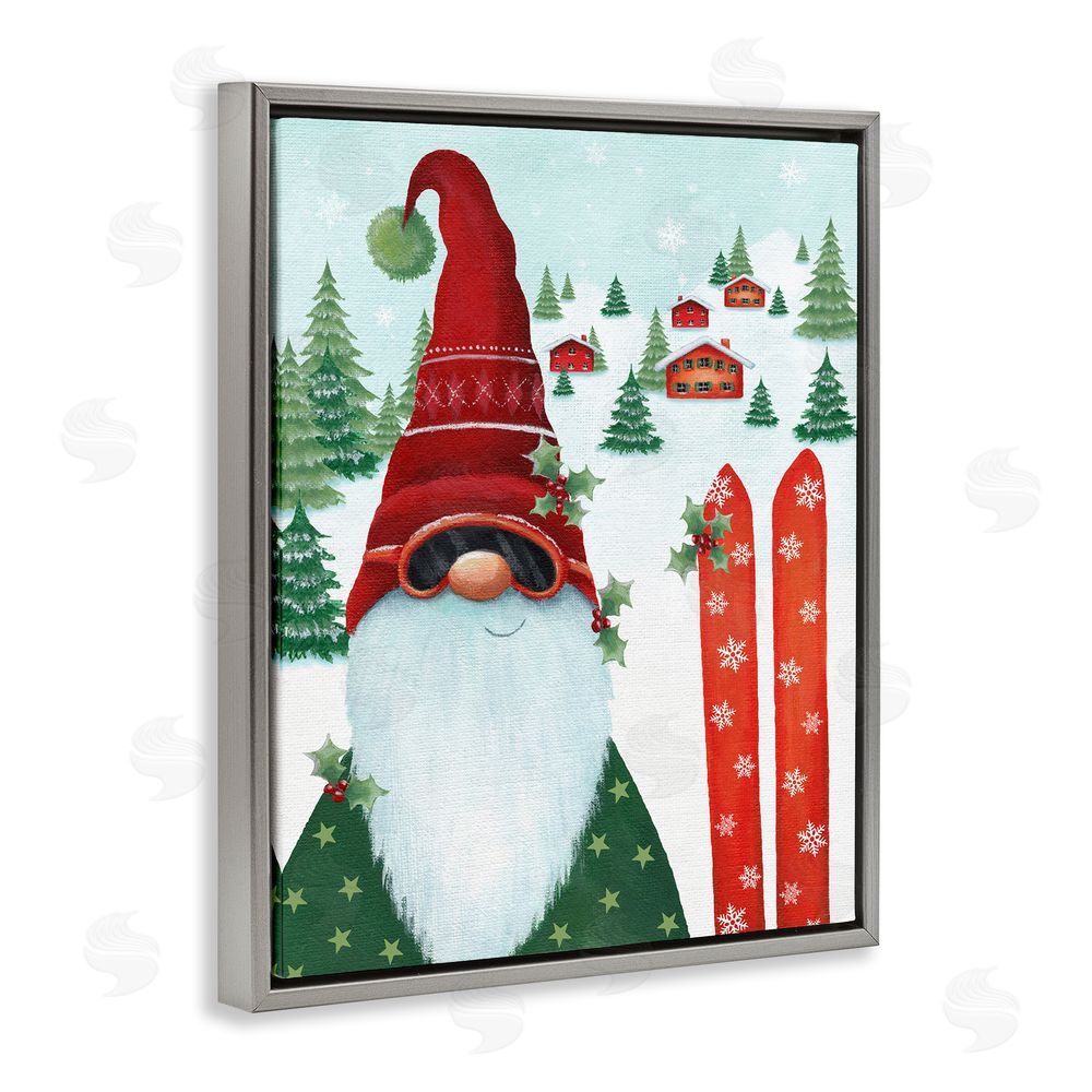 Emma Leach Gnome Skiing Winter Slopes Grey Floating Frame Canvas Wall Art Print