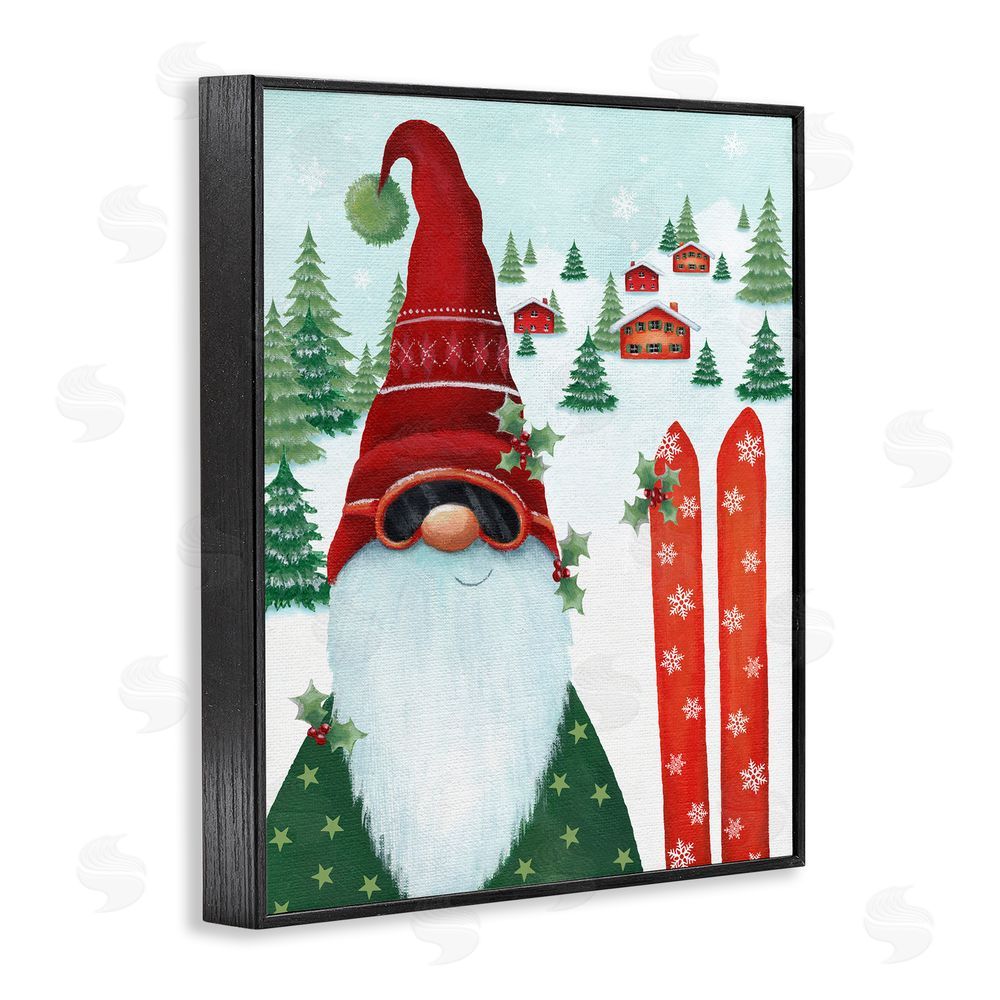 Emma Leach Gnome Skiing Winter Slopes Black Framed Giclee Wall Art Print
