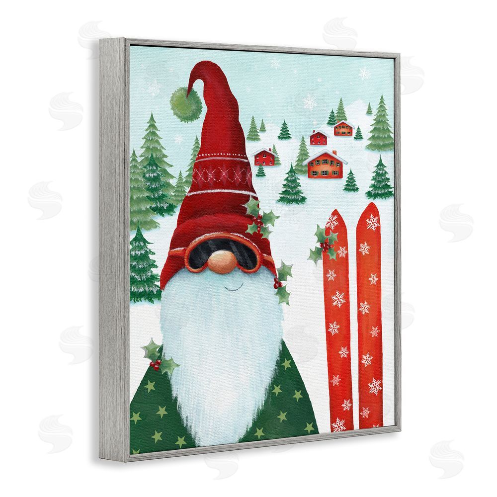 Emma Leach Gnome Skiing Winter Slopes Gray Framed Giclee Wall Art Print