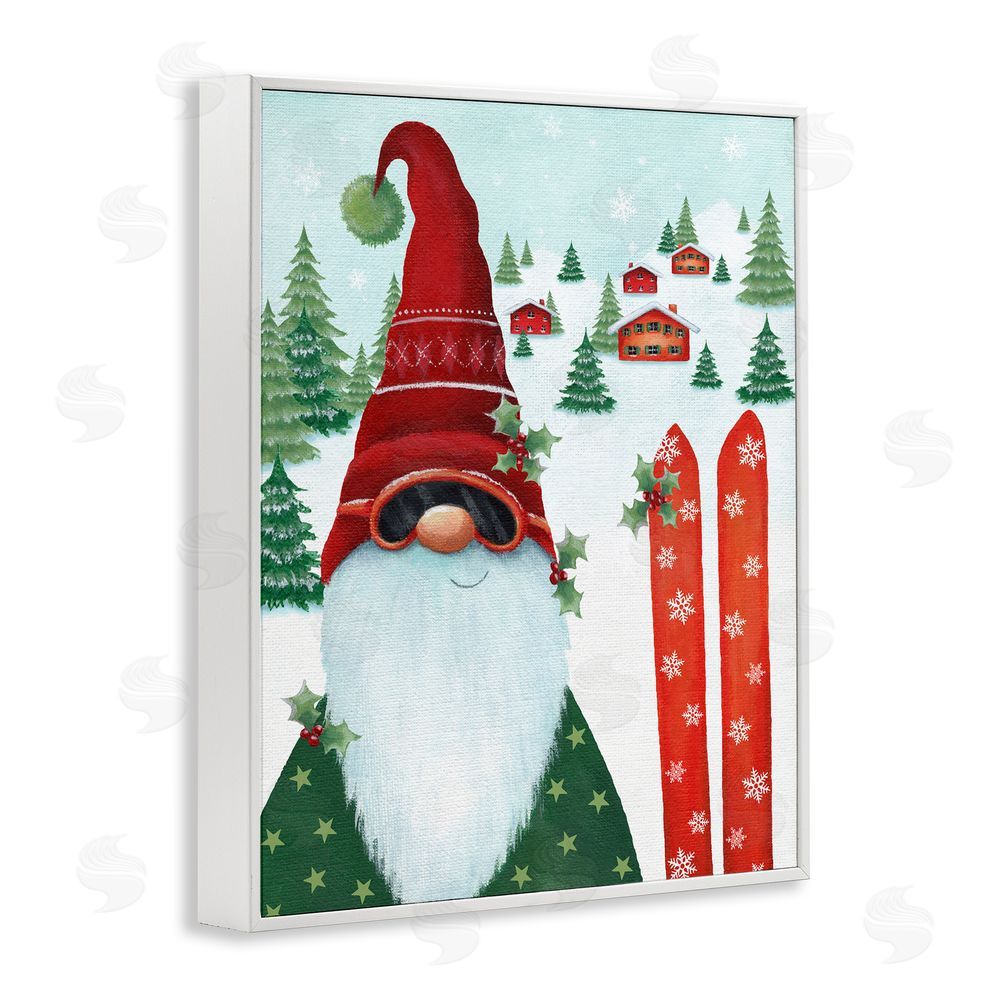 Emma Leach Gnome Skiing Winter Slopes White Framed Giclee Wall Art Print