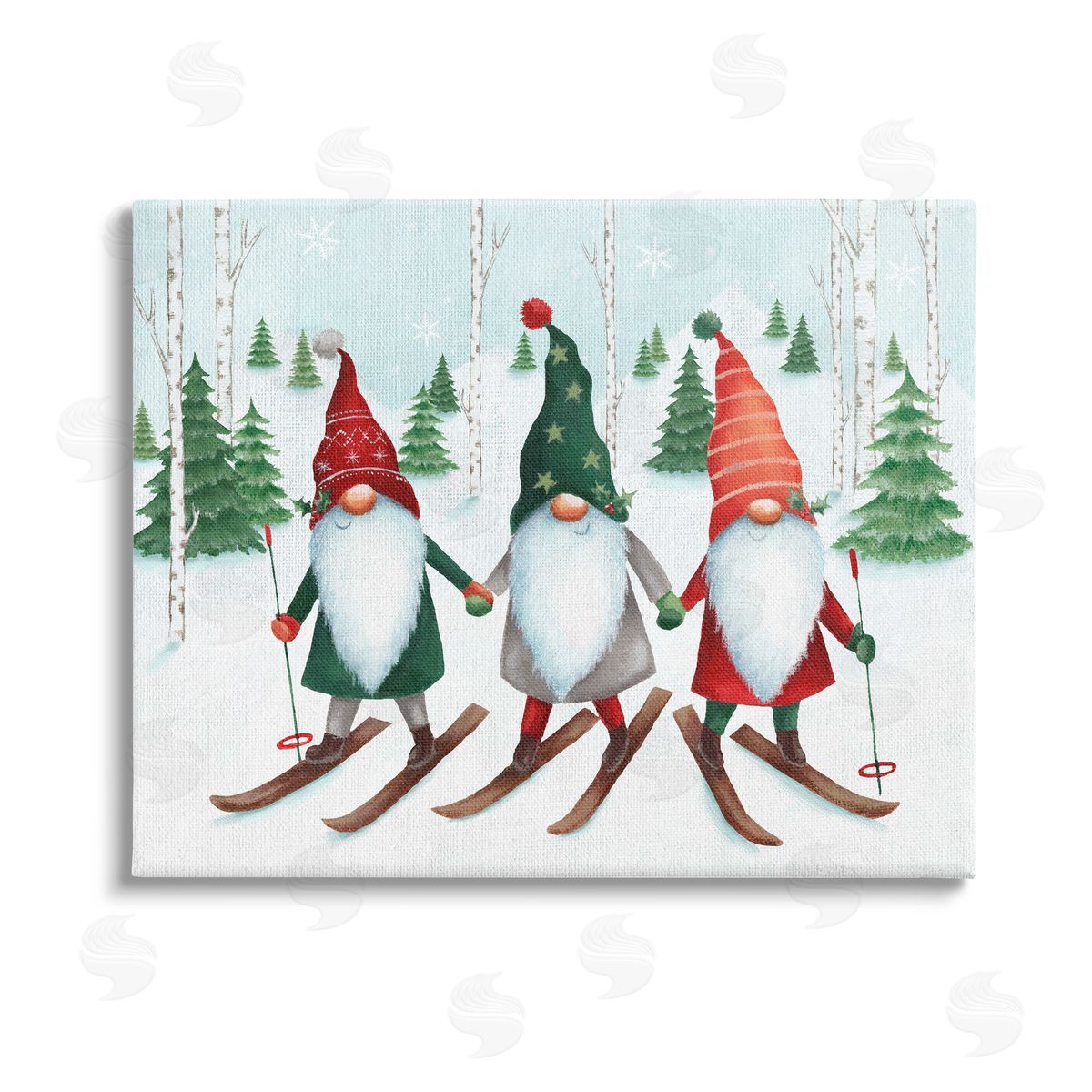 Emma Leach Gnome Trio Skiing Stretched Canvas Wall Art Print