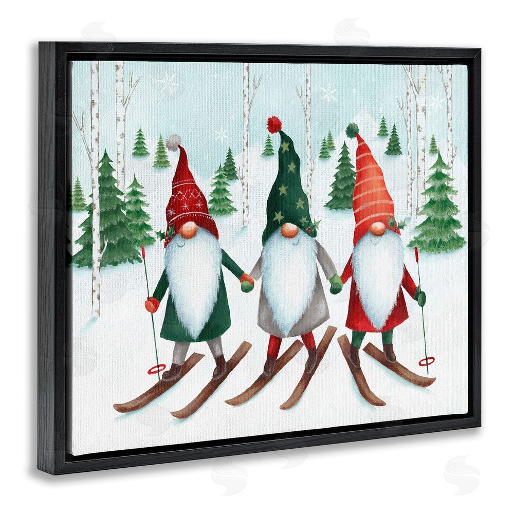 Emma Leach Gnome Trio Skiing Black Floating Frame Canvas Wall Art Print