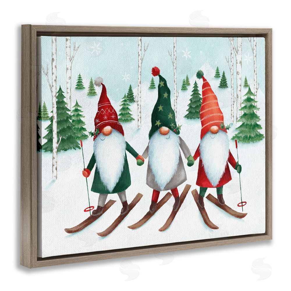 Emma Leach Gnome Trio Skiing Brown Floating Frame Canvas Wall Art Print