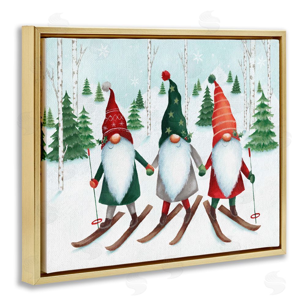 Emma Leach Gnome Trio Skiing Gold Floating Frame Canvas Wall Art Print