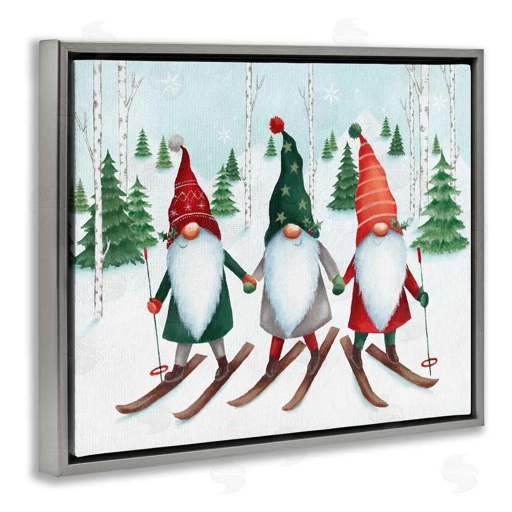 Emma Leach Gnome Trio Skiing Grey Floating Frame Canvas Wall Art Print