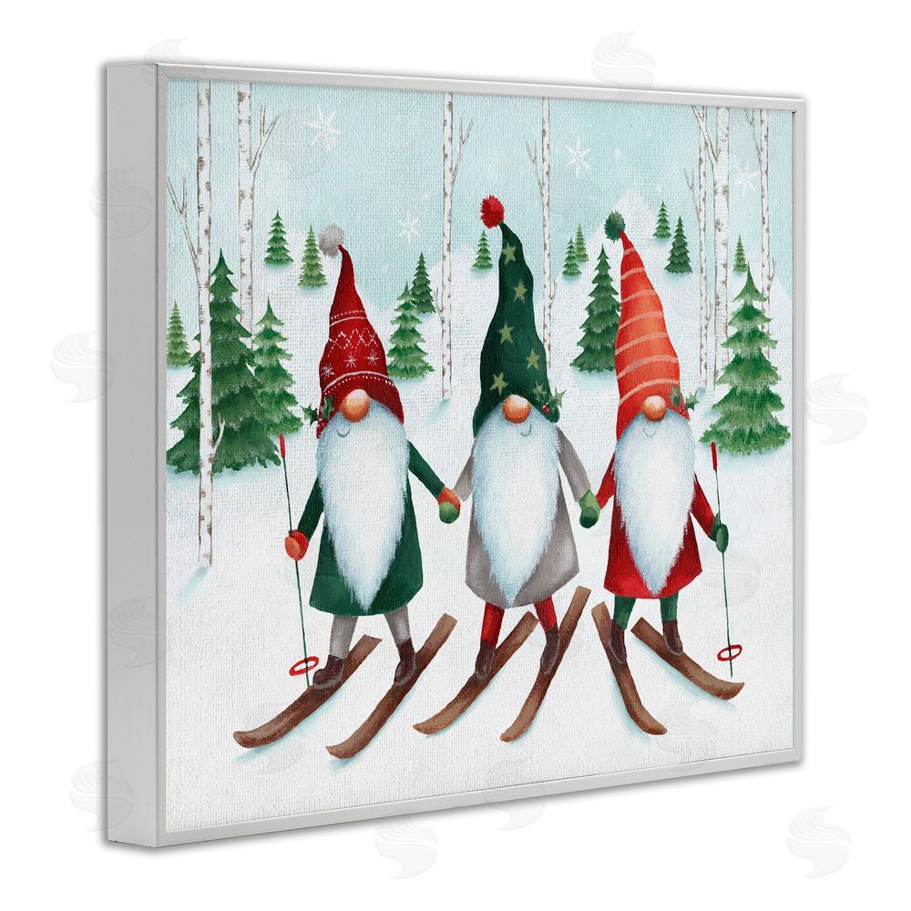 Emma Leach Gnome Trio Skiing White Framed Giclee Wall Art Print