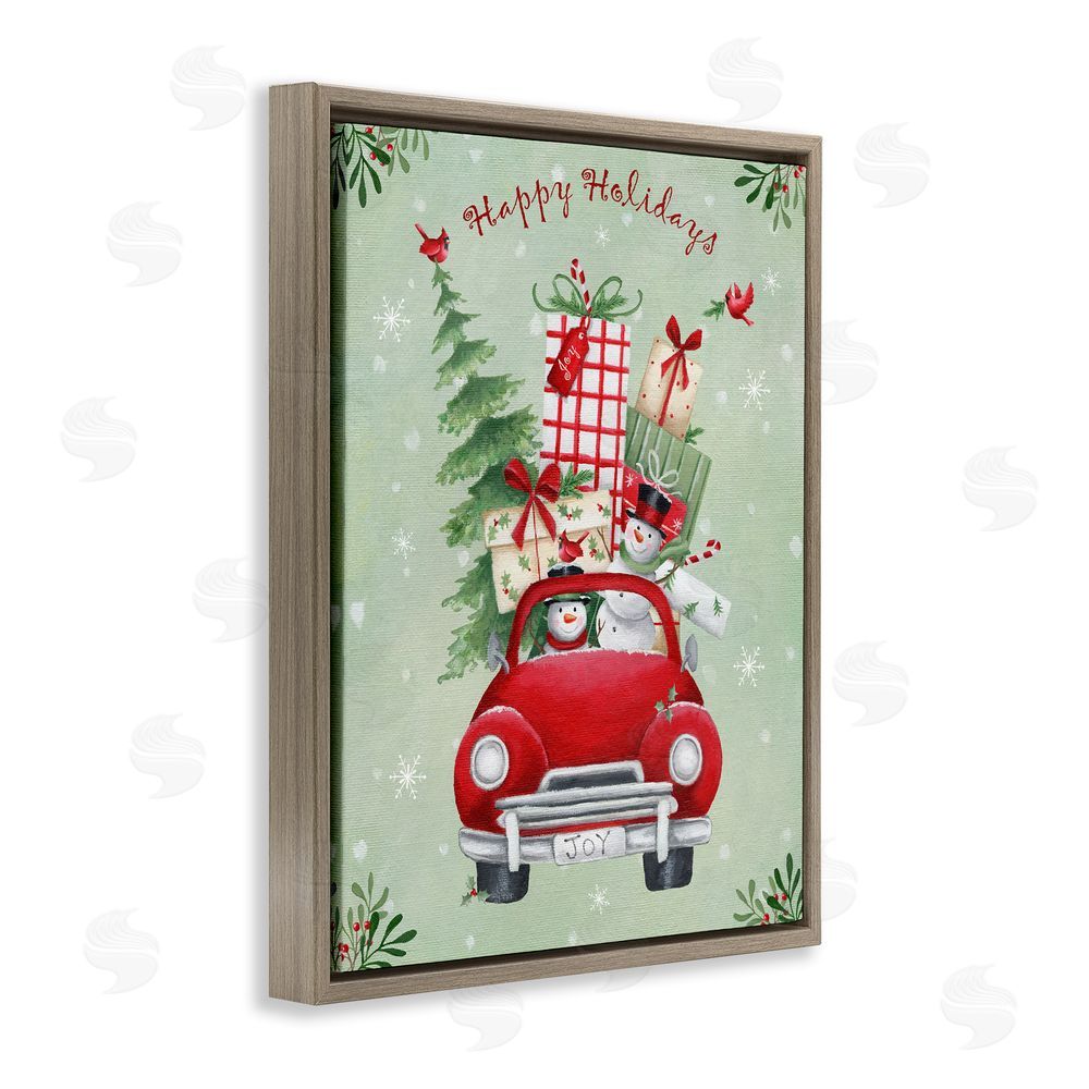 Emma Leach Holiday Stacked Gift Car Brown Floating Frame Canvas Wall Art Print