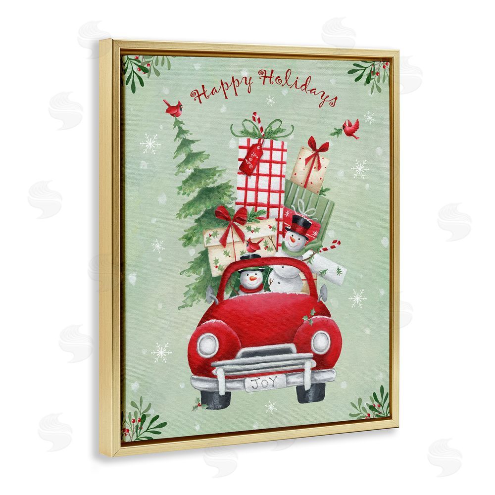 Emma Leach Holiday Stacked Gift Car Gold Floating Frame Canvas Wall Art Print