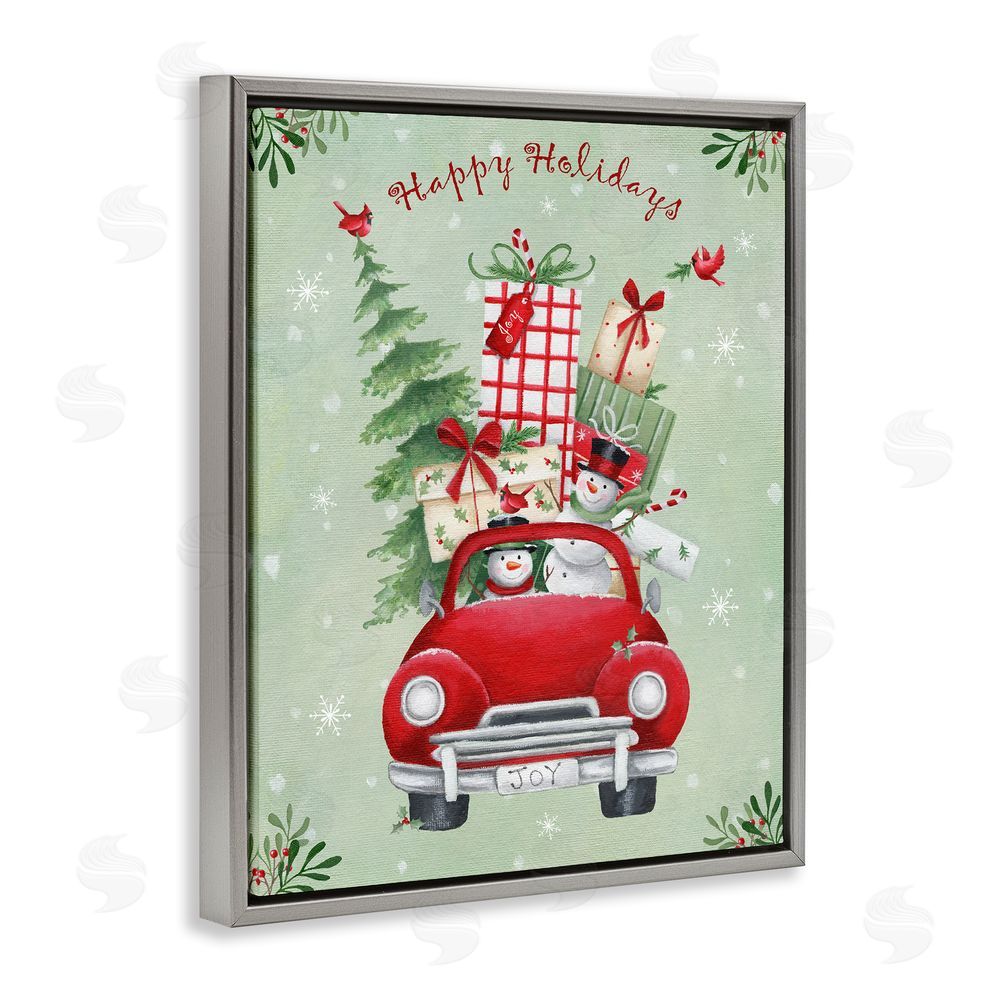 Emma Leach Holiday Stacked Gift Car Grey Floating Frame Canvas Wall Art Print