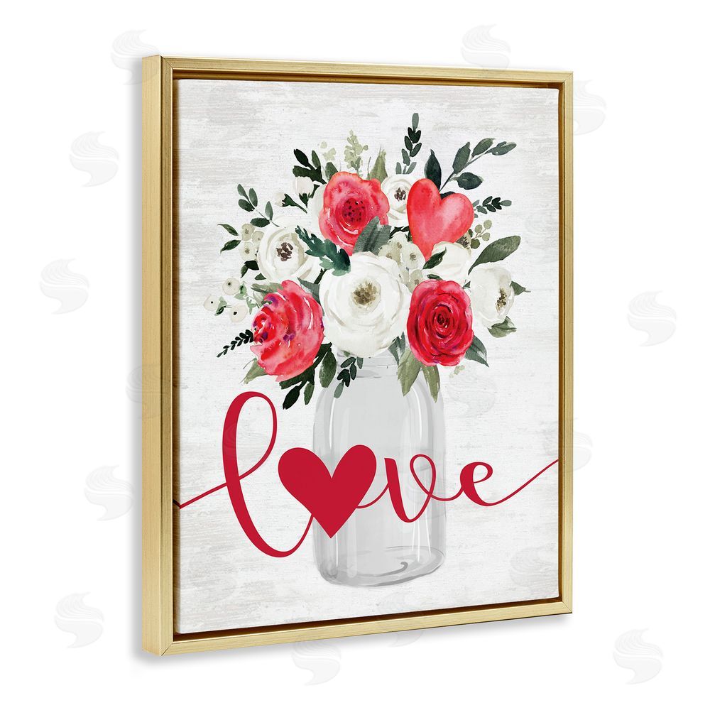 Lettered and Lined Floral Valentine's Love Bouquet Gold Floating Frame Canvas Wall Art Print