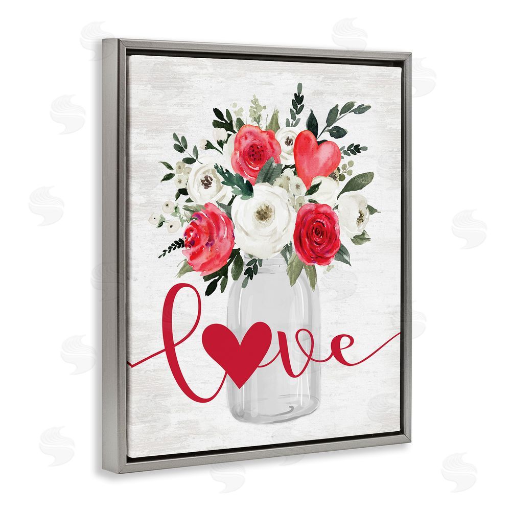 Lettered and Lined Floral Valentine's Love Bouquet Grey Floating Frame Canvas Wall Art Print