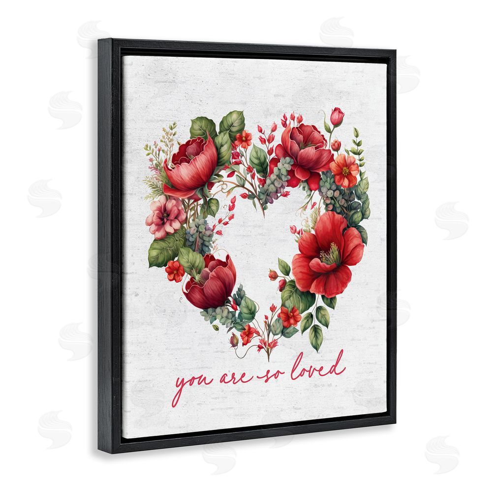 Lettered and Lined Valentine's Heart Shaped Wreath Black Floating Frame Canvas Wall Art Print