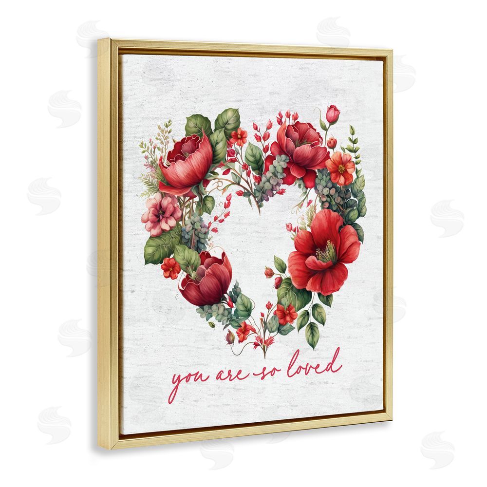 Lettered and Lined Valentine's Heart Shaped Wreath Gold Floating Frame Canvas Wall Art Print