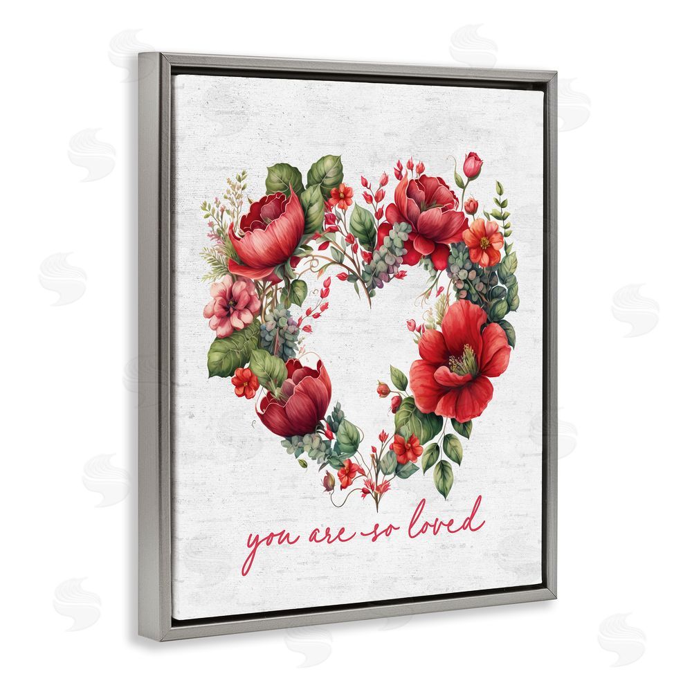 Lettered and Lined Valentine's Heart Shaped Wreath Grey Floating Frame Canvas Wall Art Print