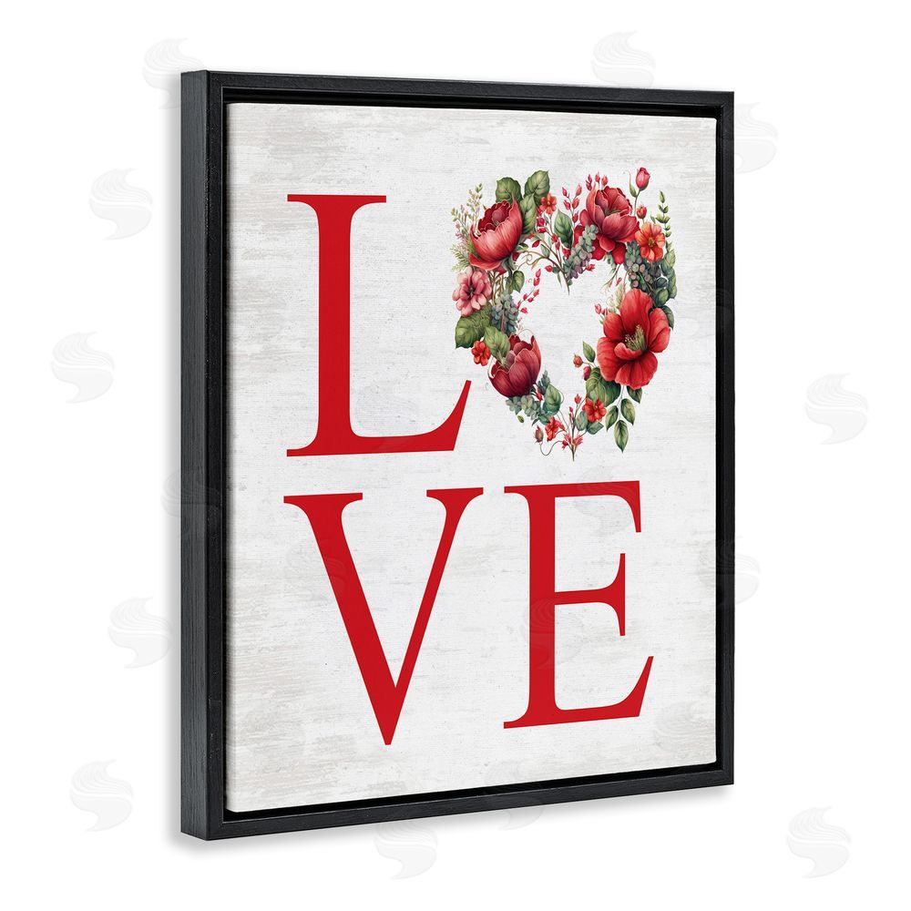 Lettered and Lined Love with Heart Wreath Black Floating Frame Canvas Wall Art Print
