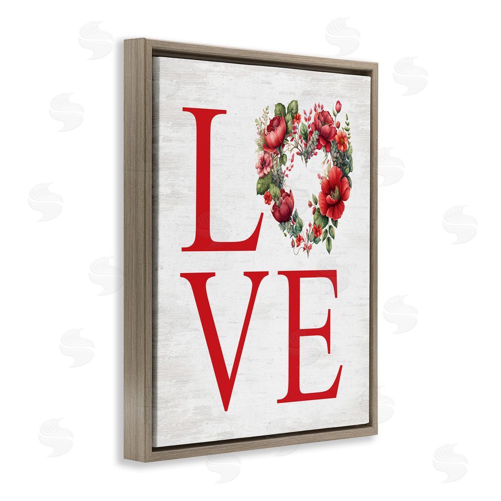 Lettered and Lined Love with Heart Wreath Brown Floating Frame Canvas Wall Art Print