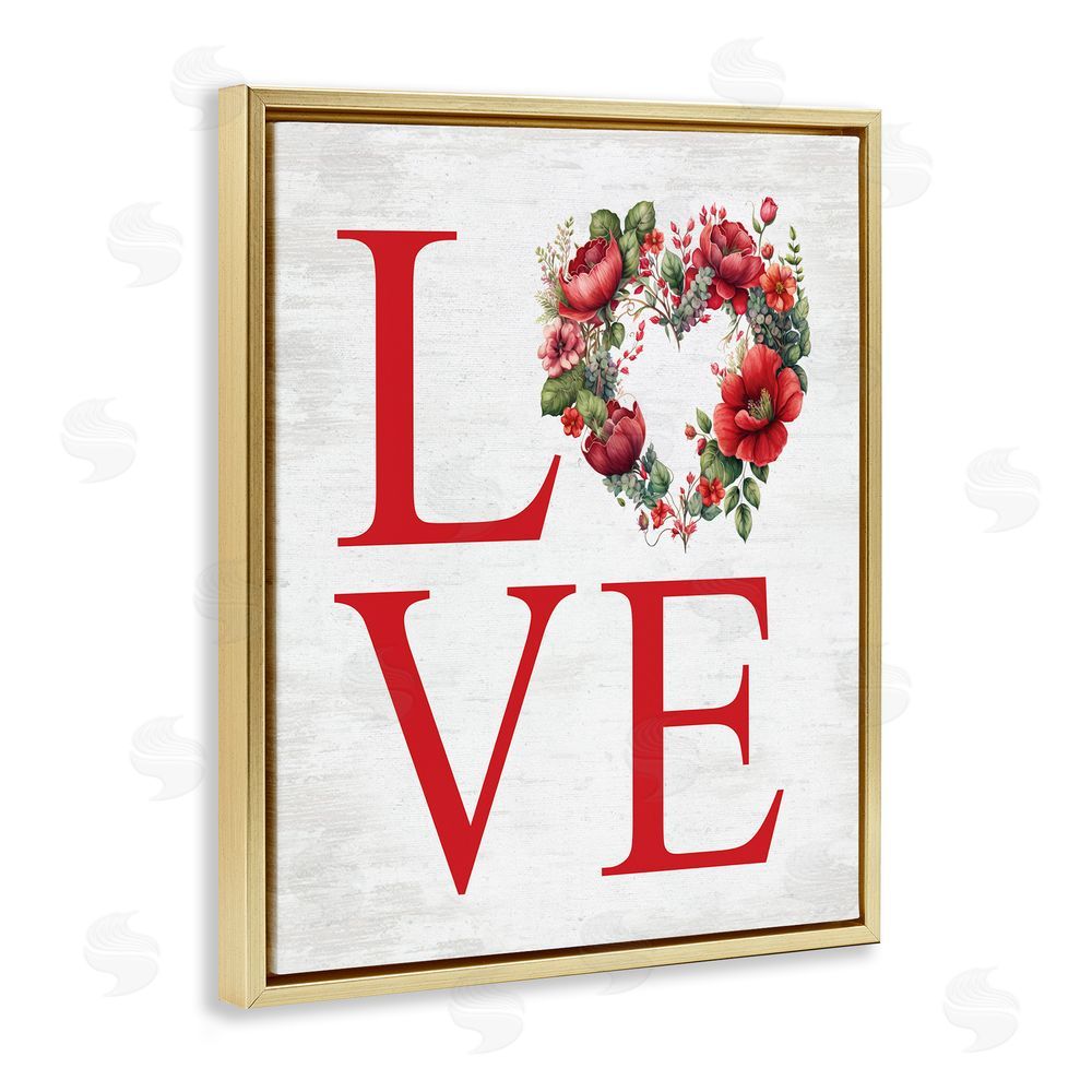 Lettered and Lined Love with Heart Wreath Gold Floating Frame Canvas Wall Art Print