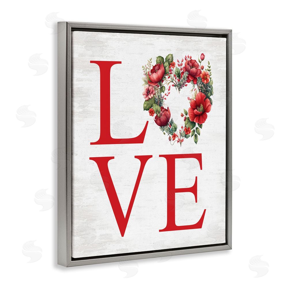 Lettered and Lined Love with Heart Wreath Grey Floating Frame Canvas Wall Art Print