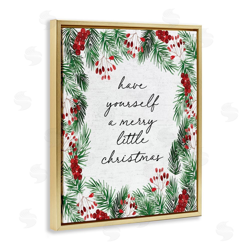 Lettered and Lined Merry Little Christmas Script Gold Floating Frame Canvas Wall Art Print