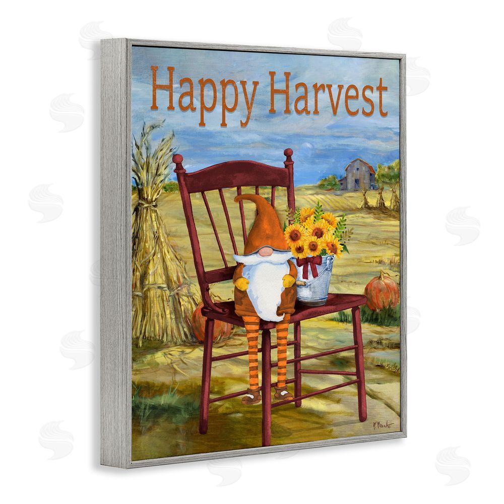 Paul Brent Happy Harvest Country Gnome Gray Framed Giclee Wall Art Print