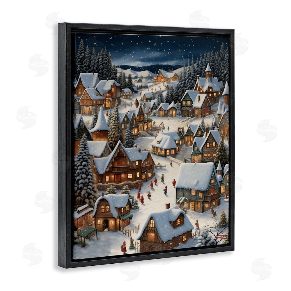 RB Snowy Christmas Village Black Floating Frame Canvas Wall Art Print