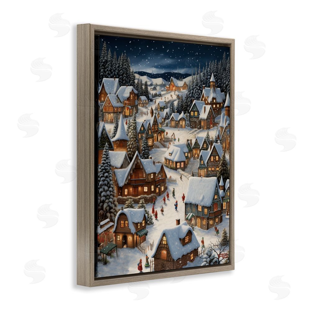 RB Snowy Christmas Village Brown Floating Frame Canvas Wall Art Print