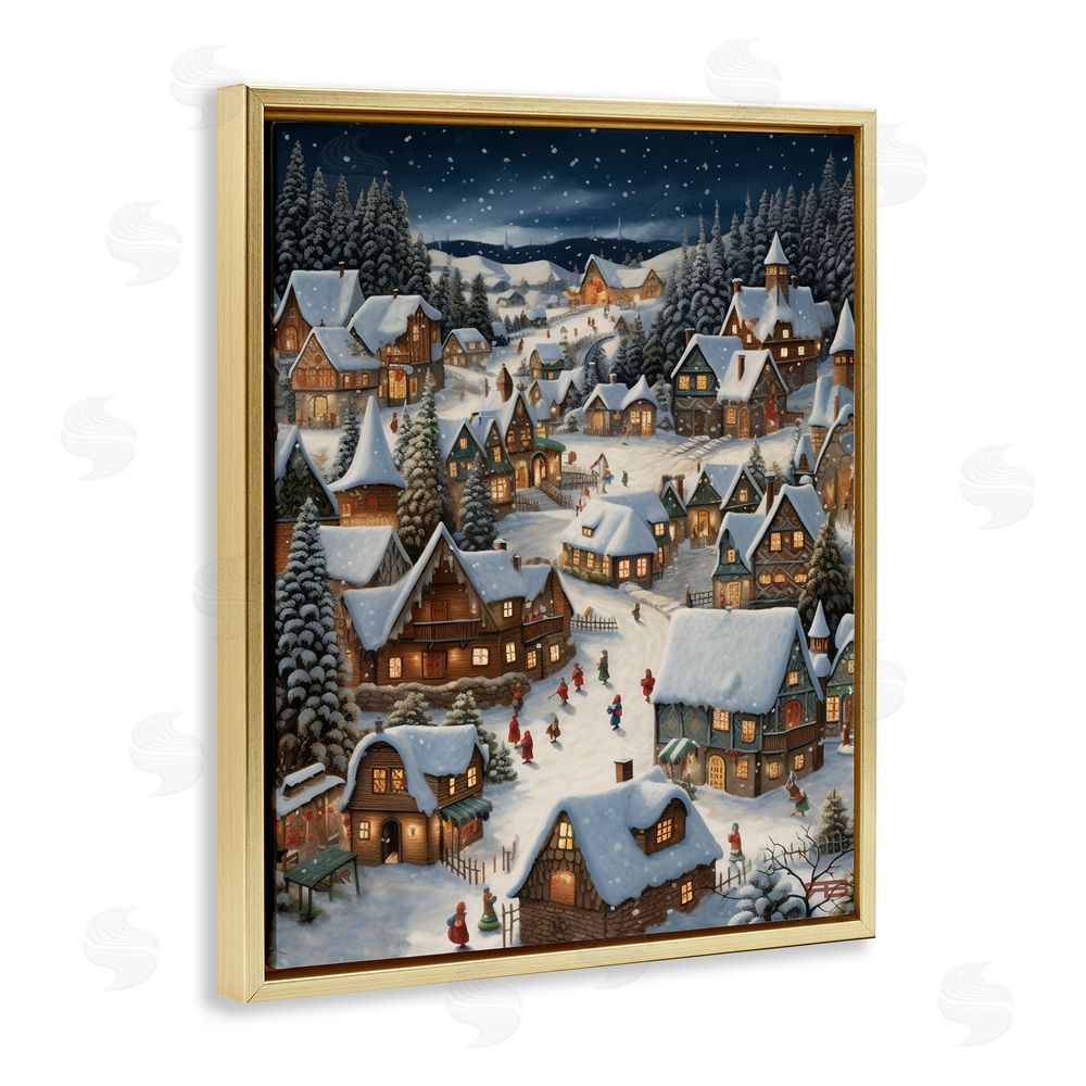 RB Snowy Christmas Village Gold Floating Frame Canvas Wall Art Print