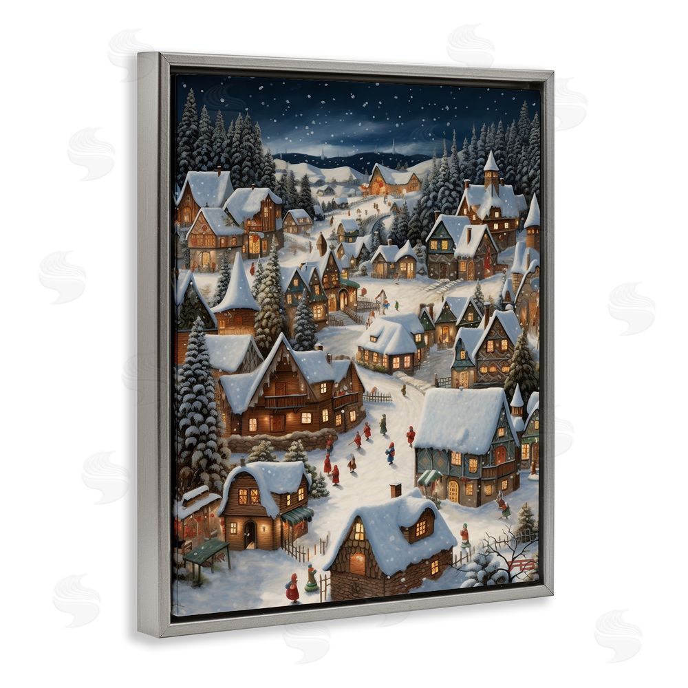 RB Snowy Christmas Village Grey Floating Frame Canvas Wall Art Print