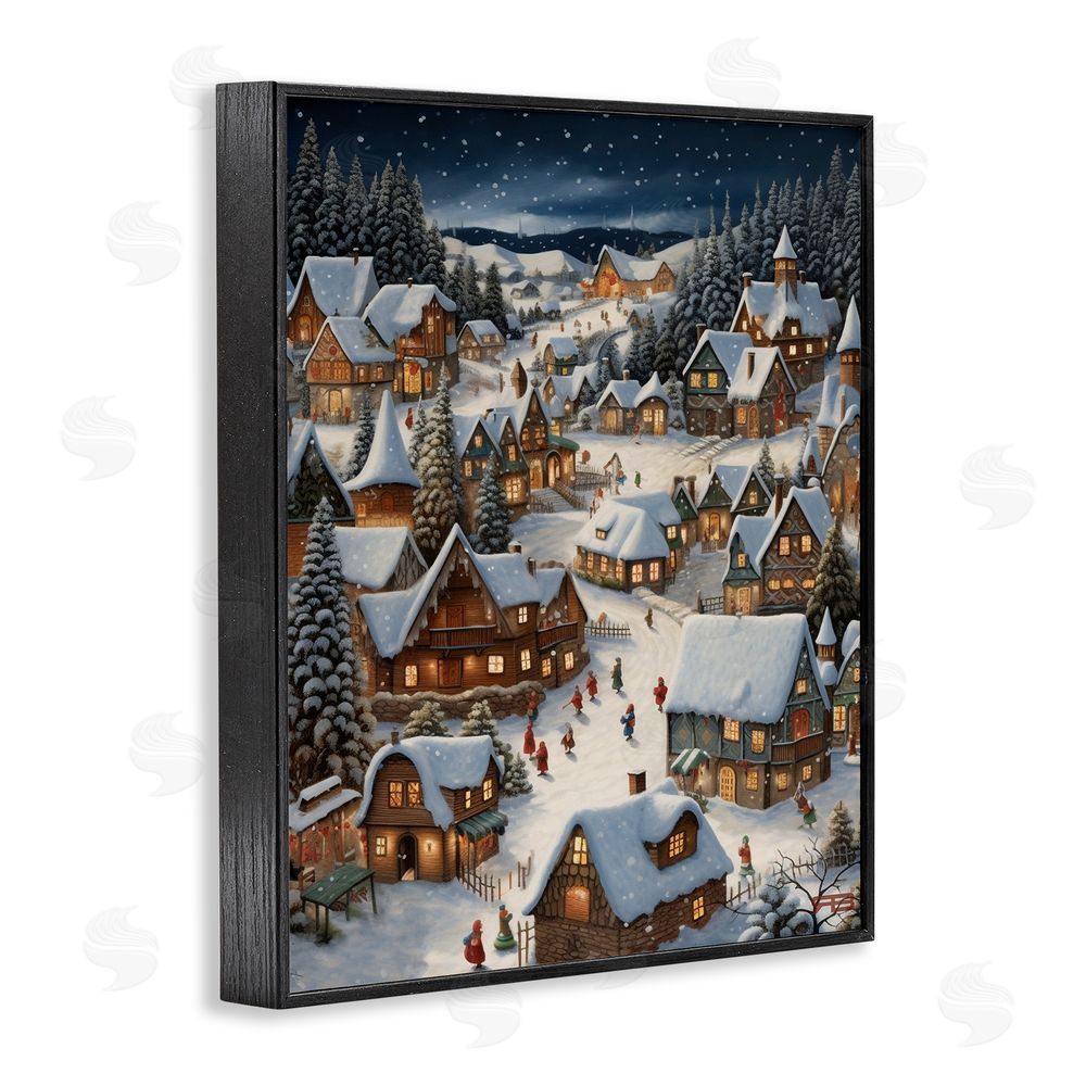 RB Snowy Christmas Village Black Framed Giclee Wall Art Print